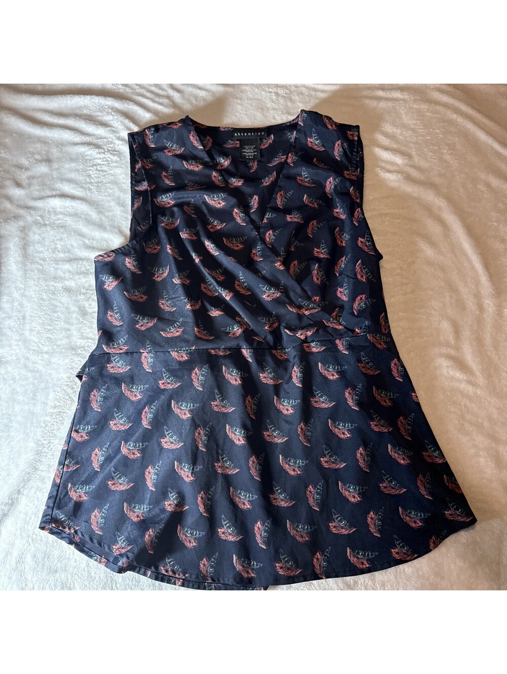 Attention Top Womens Unique Feather Print Sleeveless Faux Wrap XL (2208)